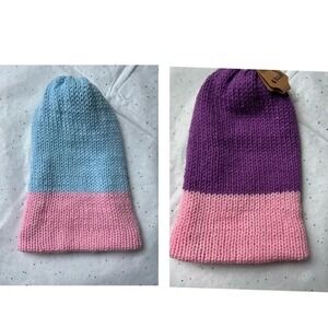 Women Handmade Crochet Knitted Acrylic Reversible Purple Pink Blue‎ Beanie